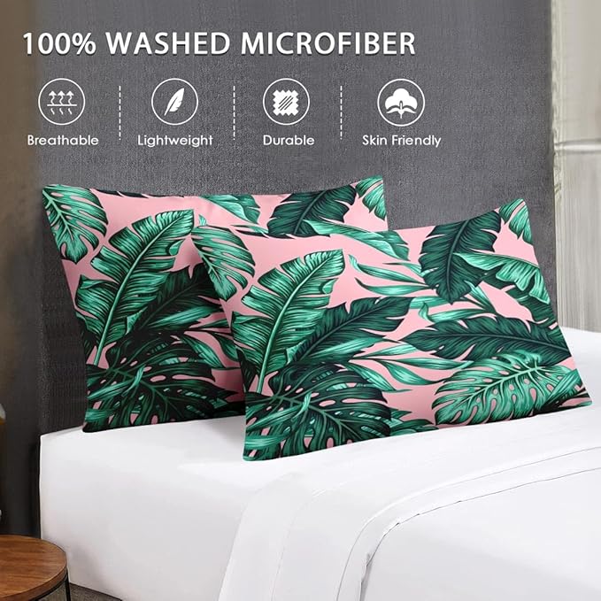 Queen Size Comforter Set with 2 Pillowcases, Tropical Green Leaves Pink Leaf Soft 3 Pcs Bedding for Kids and Adults Bedroom Bed Decor