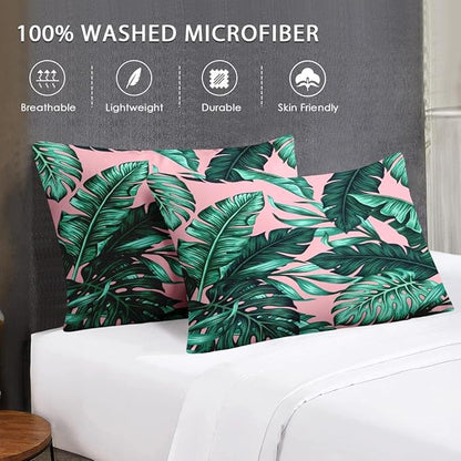 Full Size Comforter Set with 2 Pillowcases, Tropical Green Leaves Pink Leaf Soft 3 Pcs Bedding for Kids and Adults Bedroom Bed Decor