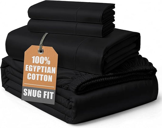LANE LINEN 100% Egyptian Cotton Sheets Set Full Size Bed, Fully Elasticized Reinforced Seams Extra Deep Pocket Full Sheets Set (Never on Clearance), No Pill Fade Resistant Cooling - Black