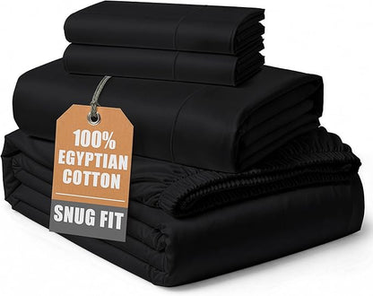 100% Egyptian Cotton Bed Sheets King Size – Silky Sateen Weave for Warm Winter Comfort, 15" Deep Pocket King Sheets, Naturally Breathable, Ultra-Soft Durable Hotel-Quality Luxury Bedding - Black