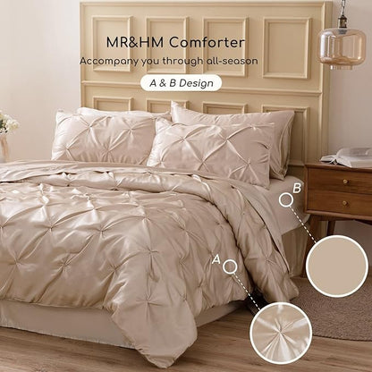 MR&HM Satin Comforter Twin 5 Pieces - Luxurious Pinch Pleat Bedding Set with Comforter, Flat Sheet, Fitted Sheet, Pillowcase & Sham, Super Silky Soft Bed Set for All Season (Twin, Champagne)