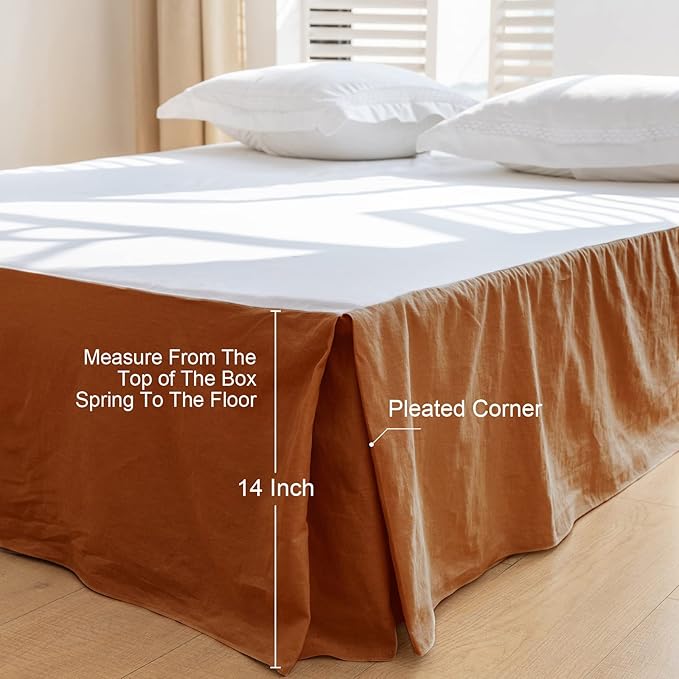 BISELINA French Linen Bed Skirt with Pleated Corner 14-Inch Tailored Drop Natural Flax Cotton Blend Basic Dust Ruffle Soft Cozy Farmhouse Bedding (14" King, Basic Rust)