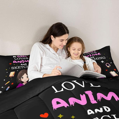 Erosebridal Japanese Girl Bedding Set Anime Cartoon Full Down Comforter Japanese Style Girly Black Comforter Set Aesthetic Cool Anime Modern Art Quilt Set for Kids Bedroom Decor