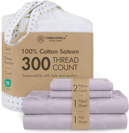 Threadmill Cotton Queen Sheet Set | 100% Cotton Sheets for Queen Size Bed | Damask Jacquard Queen Bed Sheets Set with 16” Deep Pocket | Soft Sateen Weave 4-Piece Cooling Bedding Set | Lilac