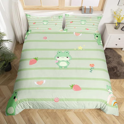 Cute Frog Bedding Set for Kids,Pink Strawberry Sweet Fruits Comforter Cover with Zipper Closure,Light Green Frogs Stripes Bedding Set Twin Size,Boys Girls Ultra Soft Quilt Cover,No Comforter