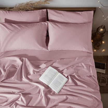 LBRO2M 100% Pure Linen Sheet Set Deep Pocket Up to 16" Bed Sheets Sets, Natural Flax Beddings Soft, Breathable, Comfortable for All Seasons 6 Pcs Sheet Set King Size, Embroidery Purple