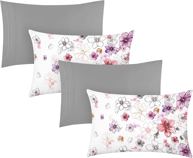 YIYEA Pillow Cases Queen Size Set of 4, Ultra Soft 1800TC Hotel Quality Double Brushed Microfiber Embroidered Pillowcases and Floral Pillow Covers, Envelope Closure, Fade Resistant (20"x30")