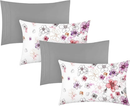 YIYEA Pillow Cases Standard Size Set of 4, Ultra Soft 1800TC Hotel Quality Double Brushed Microfiber Embroidered Pillowcases and Floral Pillow Covers, Envelope Closure, Fade Resistant (20"x26")