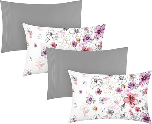 YIYEA Pillow Cases Standard Size Set of 4, Ultra Soft 1800TC Hotel Quality Double Brushed Microfiber Embroidered Pillowcases and Floral Pillow Covers, Envelope Closure, Fade Resistant (20"x26")