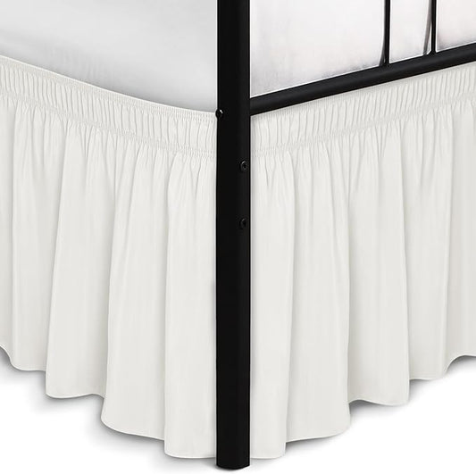 Biscaynebay Wrap Around Bed Skirts with Split Corners for King Beds 17" Drop, Ivory Elastic Dust Ruffles Easy Fit Wrinkle & Fade Resistant Silky Luxurious Fabric Solid Machine Washable