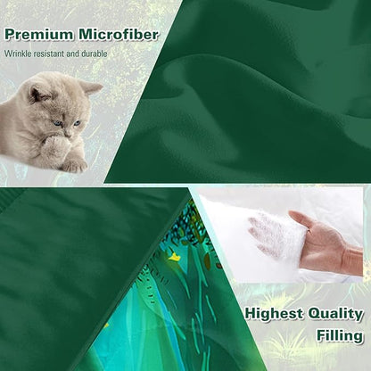 SOULZZZ Forest Comforter Set King Size Premium Microfiber Green Forest Mushroom Butterfly Flower Pattern Comforter 3 Piece Aesthetic Green Bedding Set with 2 Pillow Shams