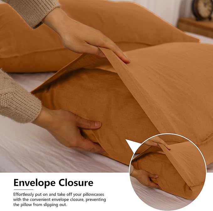 Simple&Opulence 100% Linen Pillowcases Basic Style Solid Color Set of 2, Queen Size Stone Washed Flax Pillow Cover Envelope Closure (20''x30'', Rust)