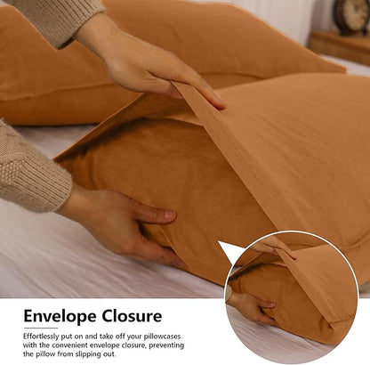 Simple&Opulence 100% Linen Pillowcases Basic Style Solid Color Set of 2, King Size Stone Washed Flax Pillow Cover Envelope Closure (20''x40'', Rust)