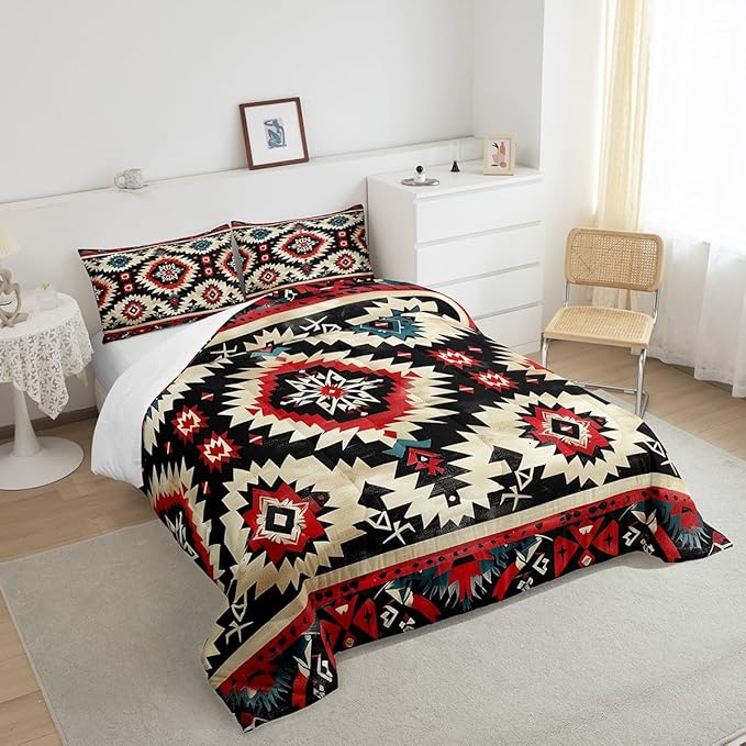 Feelyou Boho Comforter Set Toddler Size Southwest Native American Design Comforter Southwestern Geometric Bedding Set Western Decor Duvet Set Black Beige Quilt Set