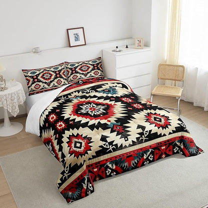Feelyou Boho Comforter Set Queen Size Southwest Native American Design Comforter Southwestern Geometric Bedding Set Western Decor Duvet Set Black Beige Quilt Set