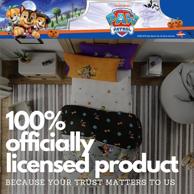 Paw Patrol Kids Halloween Bedding 5 Piece Super Soft Cozy Reversible Comforter and Sheet Set with Sham, Twin, (Officially Licensed Product) by Franco