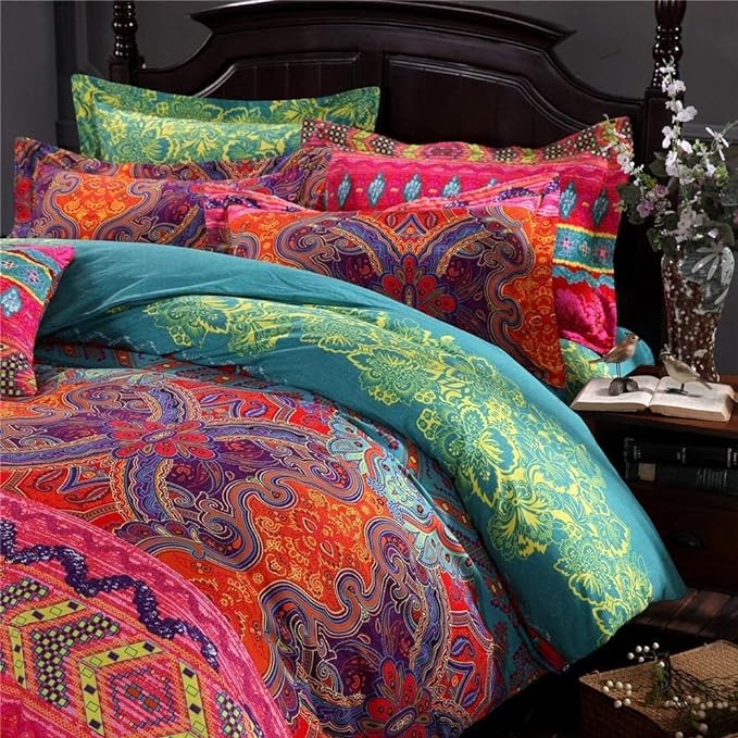 Boho Twin Comforter Set Soft Chic Bedding Twin Comforter Set 2 Pieces Lightweight Exotic Red Teal Bohemian Mandala Colorful Retro Printed Comforter Set for All Seasons Luxury Comfy
