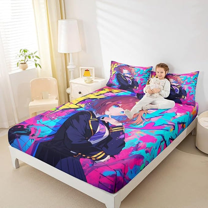 Erosebridal Girls Japanese Anime Bedding Set Queen, Kawaii Anime Girl Fitted Sheet Cartoon Girl Bed Sheets for Kids Teens Adult, Japanese Animation Sci Fi Style Sheets, 2 Pillow Cases