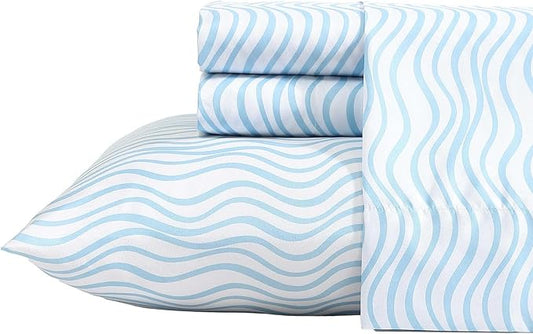 Nautica - Sheet Set, Breathable & Cooling Microfiber Bedding with Matching Pillowcases, Deep Pocket, Fully Elasticized (Linearly Waves Ocean Breeze Blue, Queen)