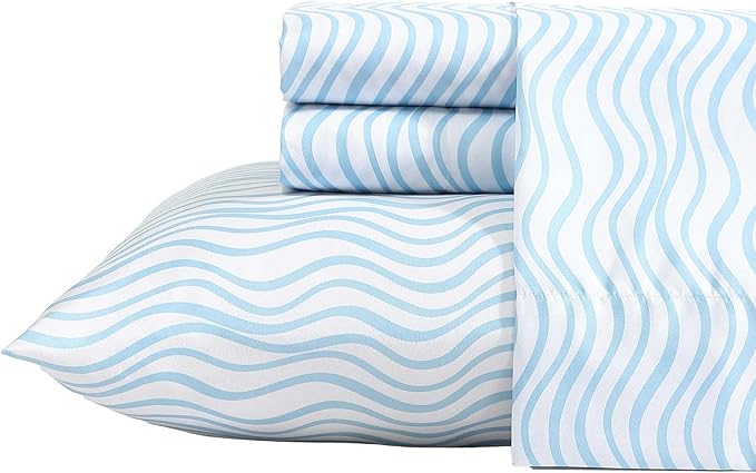 Nautica - Sheet Set, Breathable & Cooling Microfiber Bedding with Matching Pillowcase, Deep Pocket, Fully Elasticized (Linearly Waves Ocean Breeze Blue, Twin XL)