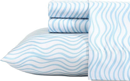 Nautica - Sheet Set, Breathable & Cooling Microfiber Bedding with Matching Pillowcase, Deep Pocket, Fully Elasticized (Linearly Waves Ocean Breeze Blue, Twin)