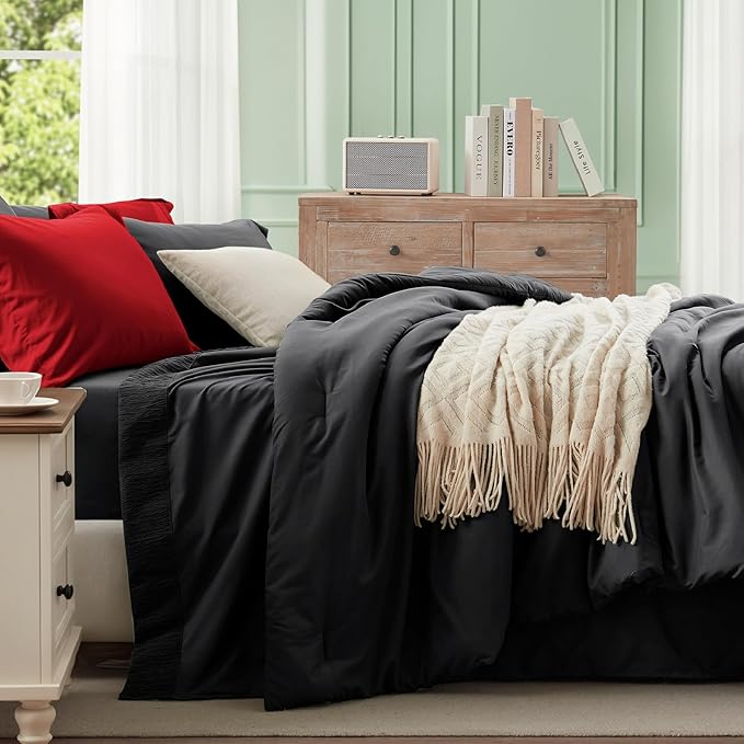 Anluoer Black and Red Twin Comforter Set 5 Pieces, Bed in a Bag with Sheets, All Season Bedding Sets with 1 Comforter, 1 Pillow Sham, 1 Pillowcase, 1 Flat Sheet, 1 Fitted Sheet