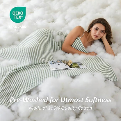 EMME Cotton Muslin Queen Blanket Bed Layering Bedspread Coverlet Breathable Gauze Soft Lightweight Adults (Striped Sage Green, 90"x90")