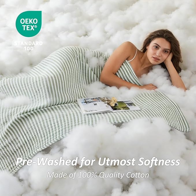 EMME Cotton Muslin Twin XL Blanket Breathable Gauze Soft Lightweight Adults Gifts for Women (Striped Sage Green, 66"x90")