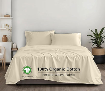 RUVANTI 100% Organic Cotton Sheets Twin XL, Percale Weave, GOTS Certified, 3-Piece Set, Deep Pocket 15", Crisp & Breathable, Soft Durable Bedding, Sábanas Algodón Orgánico – Cloud Cream