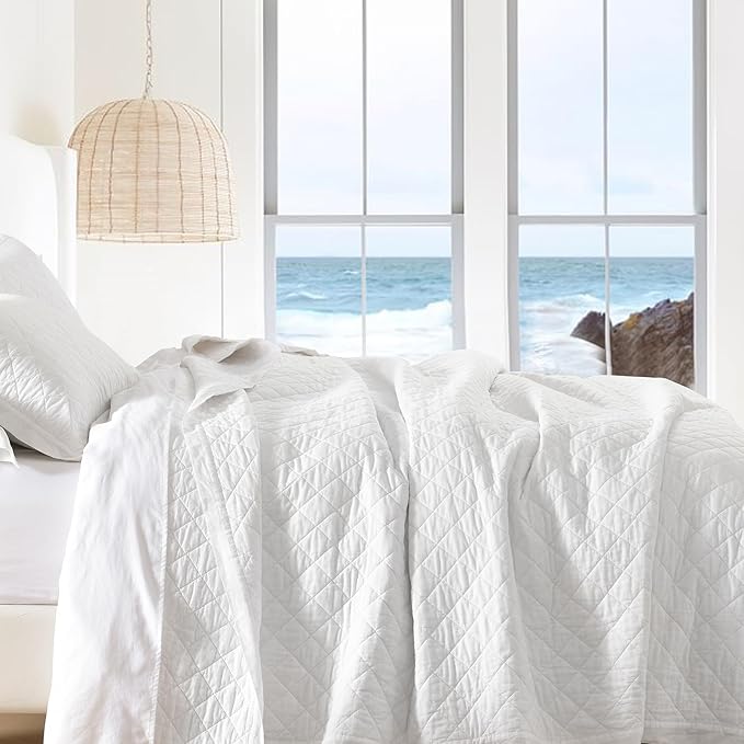 SahSahCasa Quilt Set King Size, 100% Cotton Quilt Bedding Set Bedspread, Diamond Pattern Stitching Solid Color Chic Lightweight Quilted Comforter for King Bed, White, All Season, 3 Pieces
