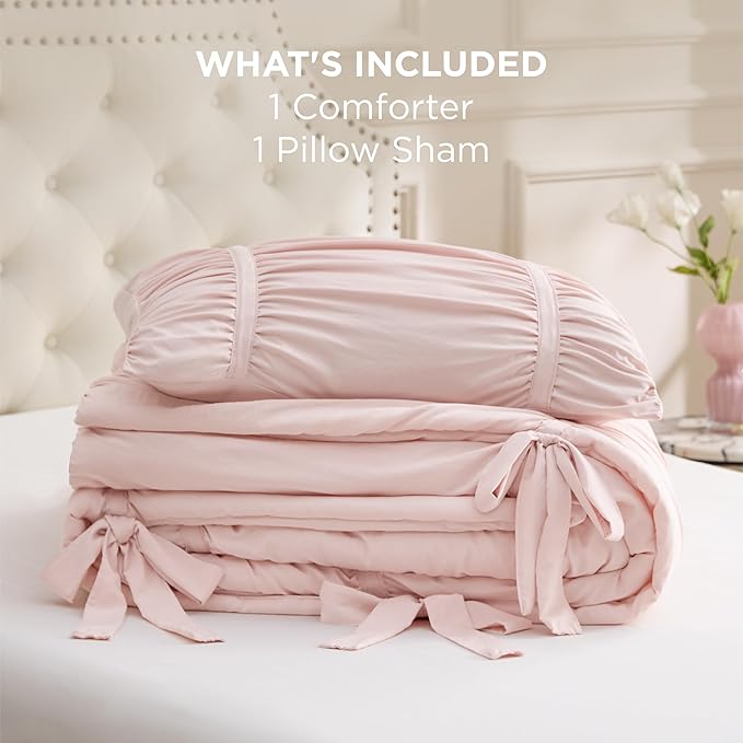 Bedsure Ruched Comforter Set with Bow Trim Pink, GentleSoft™ 3 Pieces Bow Shabby Chic Bedding Pink Room Decor, Twin/Twin XL Dorm Boho Bedding for Girls, 1 Bed Comforter, 1 Pillow Shams, 68x88 Inches