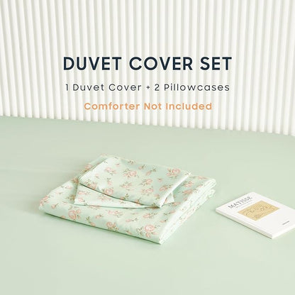 Wake In Cloud - Coquette Duvet Cover Set, Floral Cottagecore Flower Shabby Chic Cute Aesthetic, Soft Lightweight Bedding for Women Teen Girls, 3-Piece, Green Pink, Queen Size