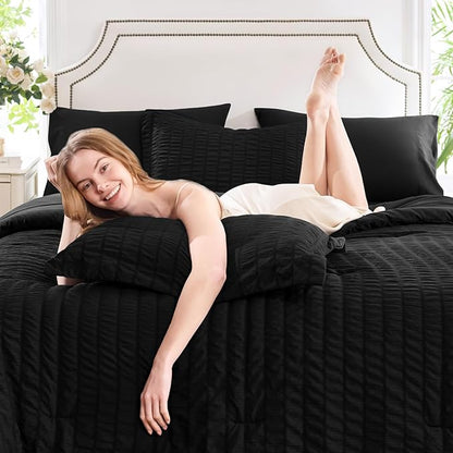CozyLux Full Size Comforter Sets with Sheets Seersucker 7 Pieces Black Bed in a Bag Textured Luxury Soft Bedding Set with Down Alternative Comforter, Sheets, Pillowcases & Shams for All Seasons