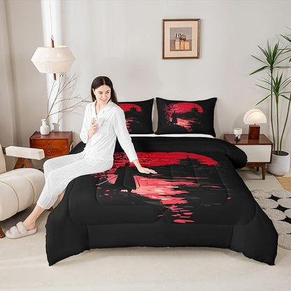 Erosebridal Samurai Comforter Set, Sunset Bedding Set, Japanese Samurai Warm Soft Down Comforter, Scenery Silhouette Bedroom Decor 3Pcs Duvet Set for Men Boys Teens, Full Size