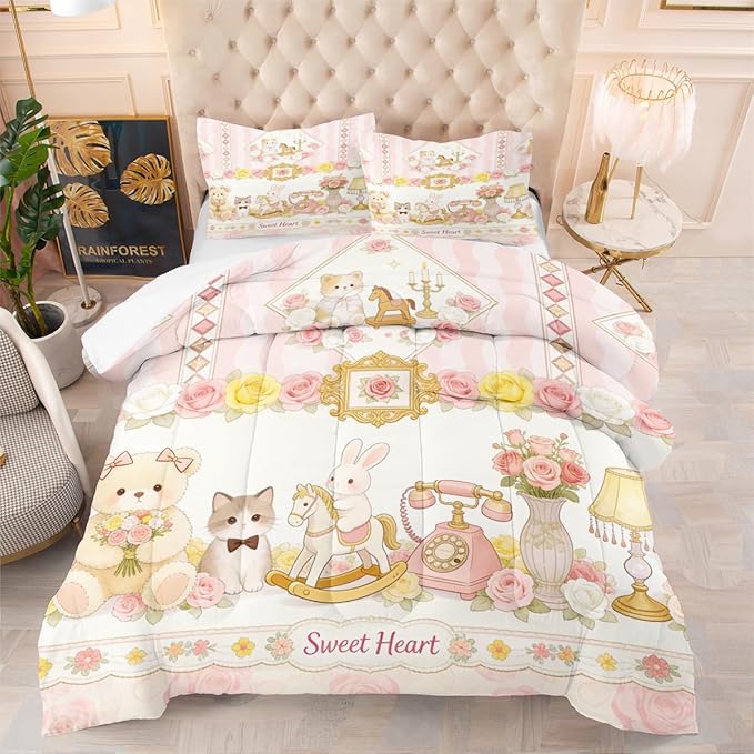 Women 3-Piece Cartoon Pink Bunny Comforter Set, Girls Sweet Home Bedding Sets King Size, Pink Flowers Bedding Sets, Includes 1 Comforter 104"x90" and 2 Pillowcases