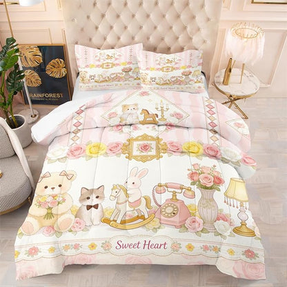 Women 3-Piece Cartoon Pink Bunny Comforter Set, Girls Sweet Home Bedding Sets King Size, Pink Flowers Bedding Sets, Includes 1 Comforter 104"x90" and 2 Pillowcases