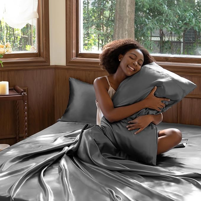 CozyLux Satin Sheets King Size Sheet Set - 4 Piece Silky King Sheets, Luxury Dark Grey King Bed Set with Smooth and Soft Microfiber, Includes 1 Fitted Sheet, 1 Flat Sheet and 2 Pillowcases
