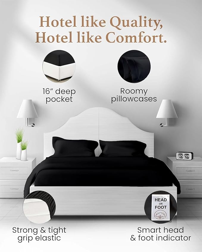 Good Sleep Bedding Twin Sheets - 100% Egyptian Cotton Twin Sheet Set, 3Pc, 1000 TC, Sateen Weave, Hotel Quality Sheets, Twin Size Bed Set, Soft, 16" Deep Pocket - Black