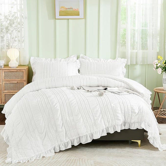 WONGS BEDDING White Comforter Set King,3 Pieces Ruffle Farmhouse Shabby Chic Boho Comforter for King Bed,Soft Textured Bedding Set with 1 Ruffle Comforter,2 Tufted Pillowcases 104"×90"