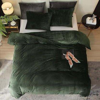 Ivellow Velvet Duvet Cover Queen Set Dark Green Comforter Cover 3Pcs Ultra Soft Cover Breathable Solid Luxury Flannel Velour Duvet Cover Zipper Closure Corner Tie