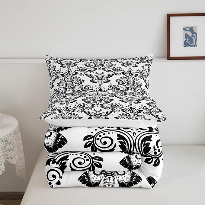 Feelyou Adults White Vintage Damask Floral Comforter Set Oriental Antique Comforter Twin Size Gothic Bohemia Boho Flower Bedding Set Gothic Skull Duvet Set Quilt Set 2Pcs