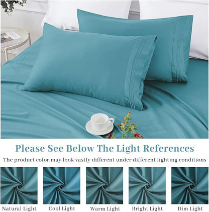 YIYEA King Pillow Cases Set of 4, Ultra Soft 1800TC Hotel Quality Double Brushed Microfiber Embroidered Pillowcases, Envelope Closure, Fade Resistant (20"x36", Teal)