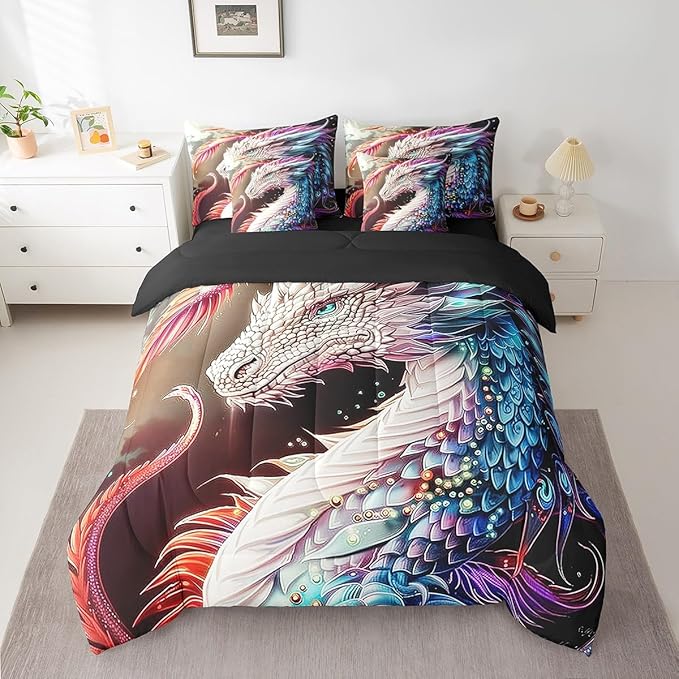 Erosebridal Colourful Dragon 7 Piece Comforter Set Full Bed in a Bag,Gothic Artistic Mythical Animal Bedding Sets Antique Wildlife Sheet Set with Comforter