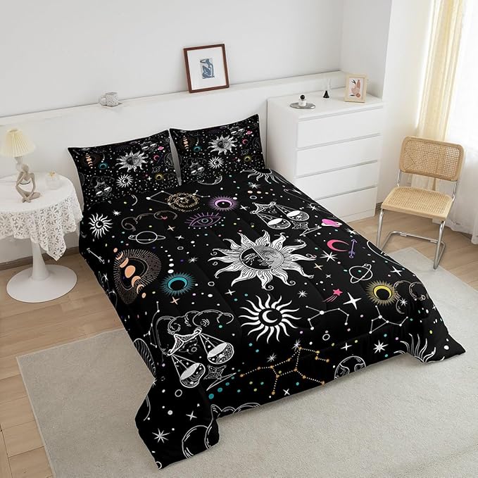 Bohemian Sun Moon Comforter Set Queen Trippy Stars Style Bedding Sets For Kids Teens Zodiac Libra Pattern Duvet Insert Universe Planet Bedding Boho Moon Phase Bedding Comforter Set Home Decor, Black