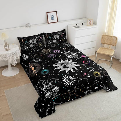 Bohemian Sun Moon Comforter Set Queen Trippy Stars Style Bedding Sets For Kids Teens Zodiac Libra Pattern Duvet Insert Universe Planet Bedding Boho Moon Phase Bedding Comforter Set Home Decor, Black