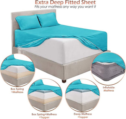 Hearth & Harbor Extra Deep Pocket Sheets - Fits Mattress 18-24 Inches Deep - Extra Deep Pocket Full Size Sets - 6 Piece Full Size - Full - Beach Blue