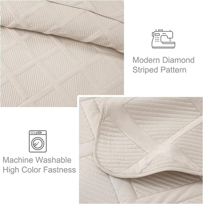 Exclusivo Mezcla King Quilt Set- Brich Beige Quilts Bedding Set with 2 Pillow Shams, Modern King Bedspread with Striped Pattern, Soft Lightweight Bedspreads Coverlets for All Seasons