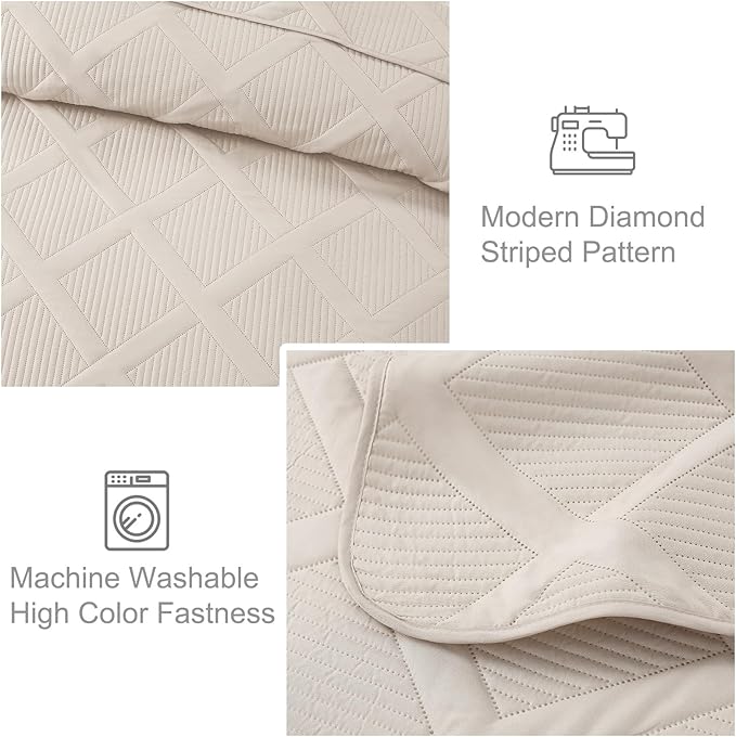 Exclusivo Mezcla Twin Size Quilt Set - Brich Beige Quilts Bedding Set with 2 Pillow Shams, Modern Bedspread with Striped Pattern, Soft Lightweight Bedspreads Coverlets for All Seasons
