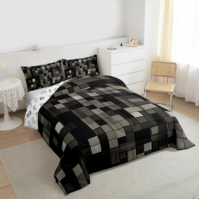 Manfei Pixelated Kids Comforter Set Twin Size,Patchwork Grid Video Games Bedding Set Boys Girls Room Decor,Lattice Abstract Simple Quilt Comforter,Dark Gray Duvet Set Bedroom Quilt Set,1 Pillowcase