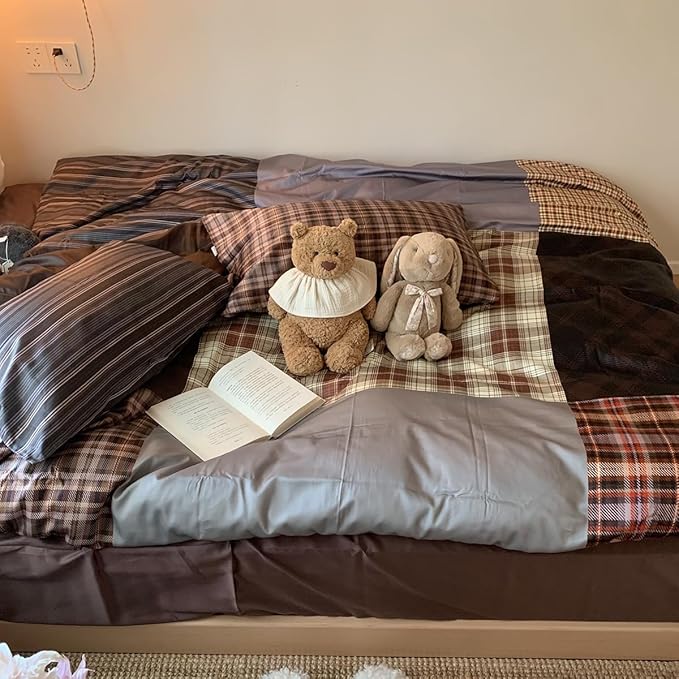 Nayoroom Plaid Duvet Cover Queen Size Vintage Brown Patchwork Checkered Duvet Cover Dorm Bedding Set 3 Pieces Soft Lightweight Washed Microfiber Farmhouse Bedding Set Gifts for Women Men